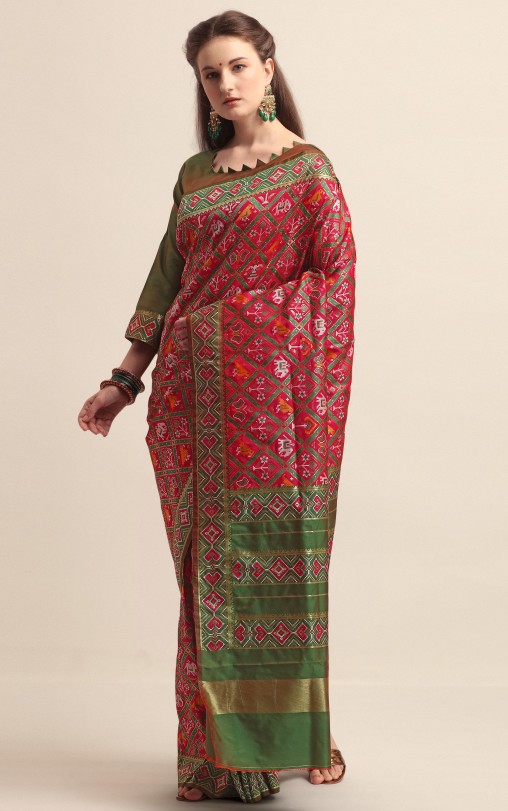 KAPAAHA Woven Figure Patola Saree (Rani)